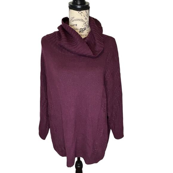 Garnet Hill floral cable knit Wool linen blend cowl rib turtleneck sweater. XL - Picture 1 of 9